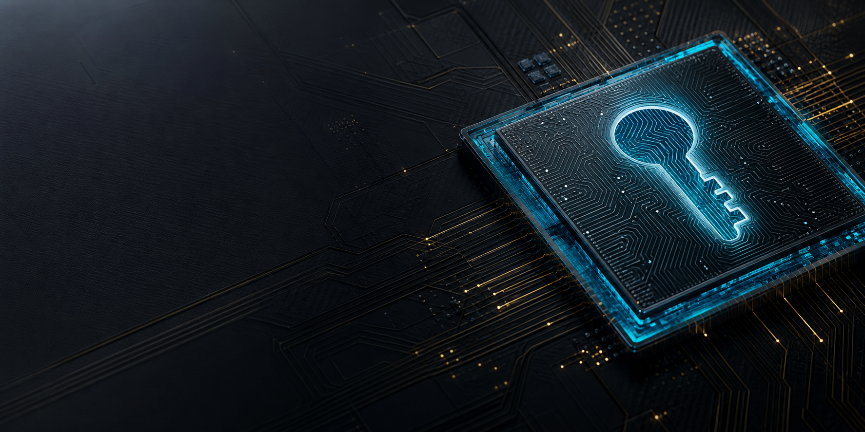 Abstract silicon chip and key visual representing PUF hardware security